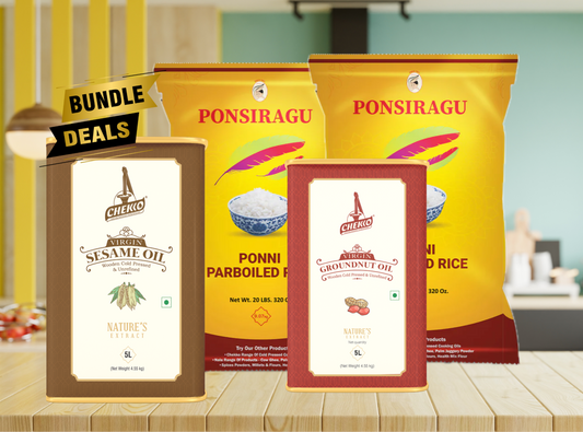 Essential Combo - Sesame Oil (5L), Ponni Boiled Rice (2 x 20lbs), and Groundnut Oil (5L).