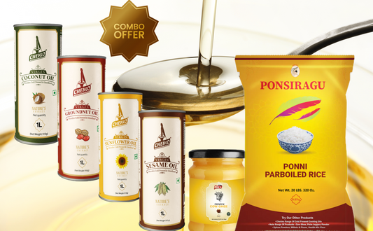 Starter Combo - Wooden cold-pressed Oils Groundnut (1L) , Sunflower (1L), Coconut (1L), and Sesame (1L), Pure Cow Ghee (500ml) and Naturally Aged Premium Ponni Boiled Rice (20lbs)